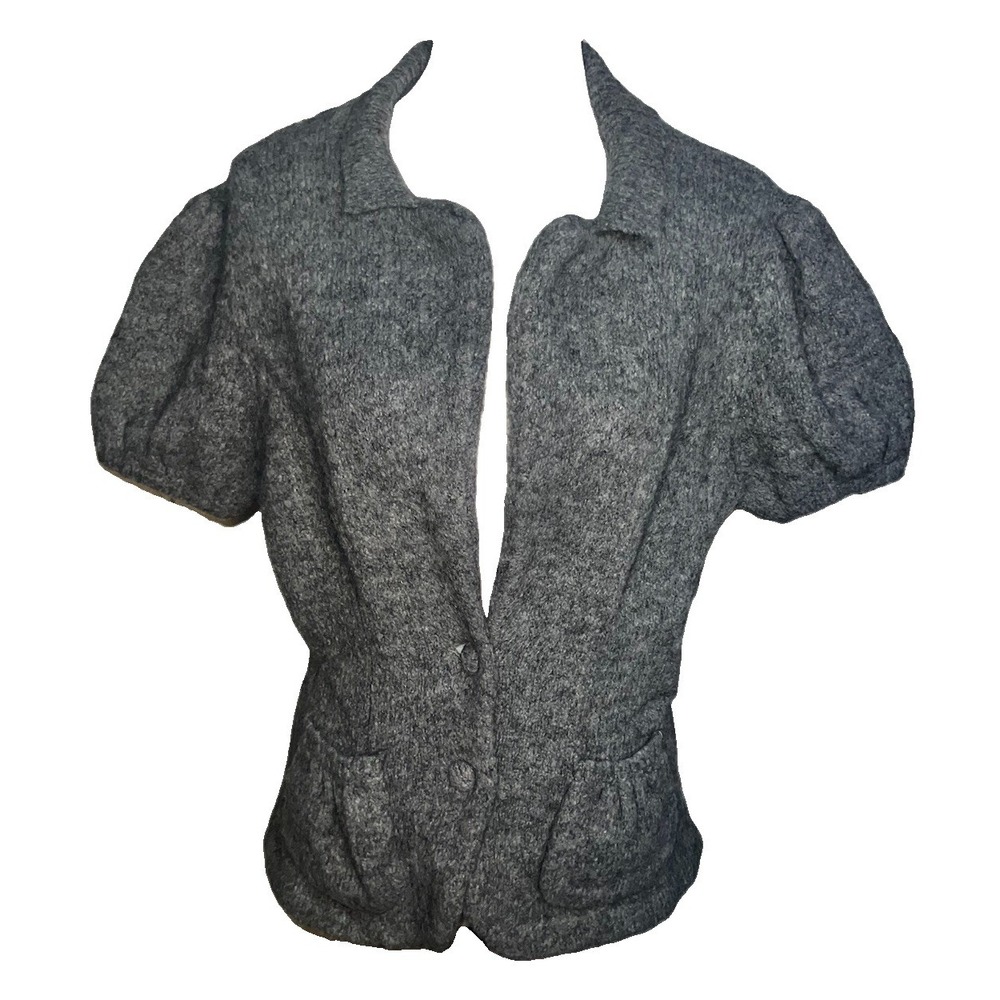 Mercer & Madison Gray Lamb Angora Acrylic Puff Sleeve 2 Fabric Button Cardigan L